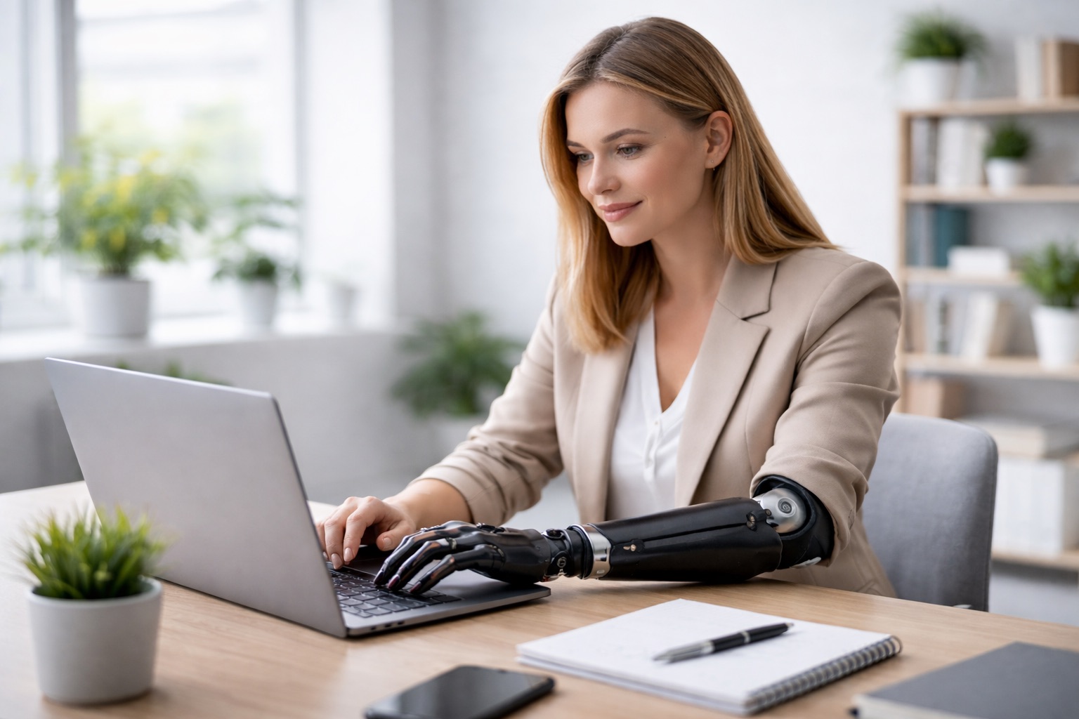 Kobieta siedząca przy biurku w jasnym biurze pracuje na laptopie. Ma jasne włosy, ubrana jest w beżową marynarkę i białą bluzkę. Jej prawa ręka to proteza, którą opiera na klawiaturze podczas pisania. Na biurku znajdują się notes, długopis, telefon i roślina doniczkowa, a w tle widać półkę z książkami i roślinami.