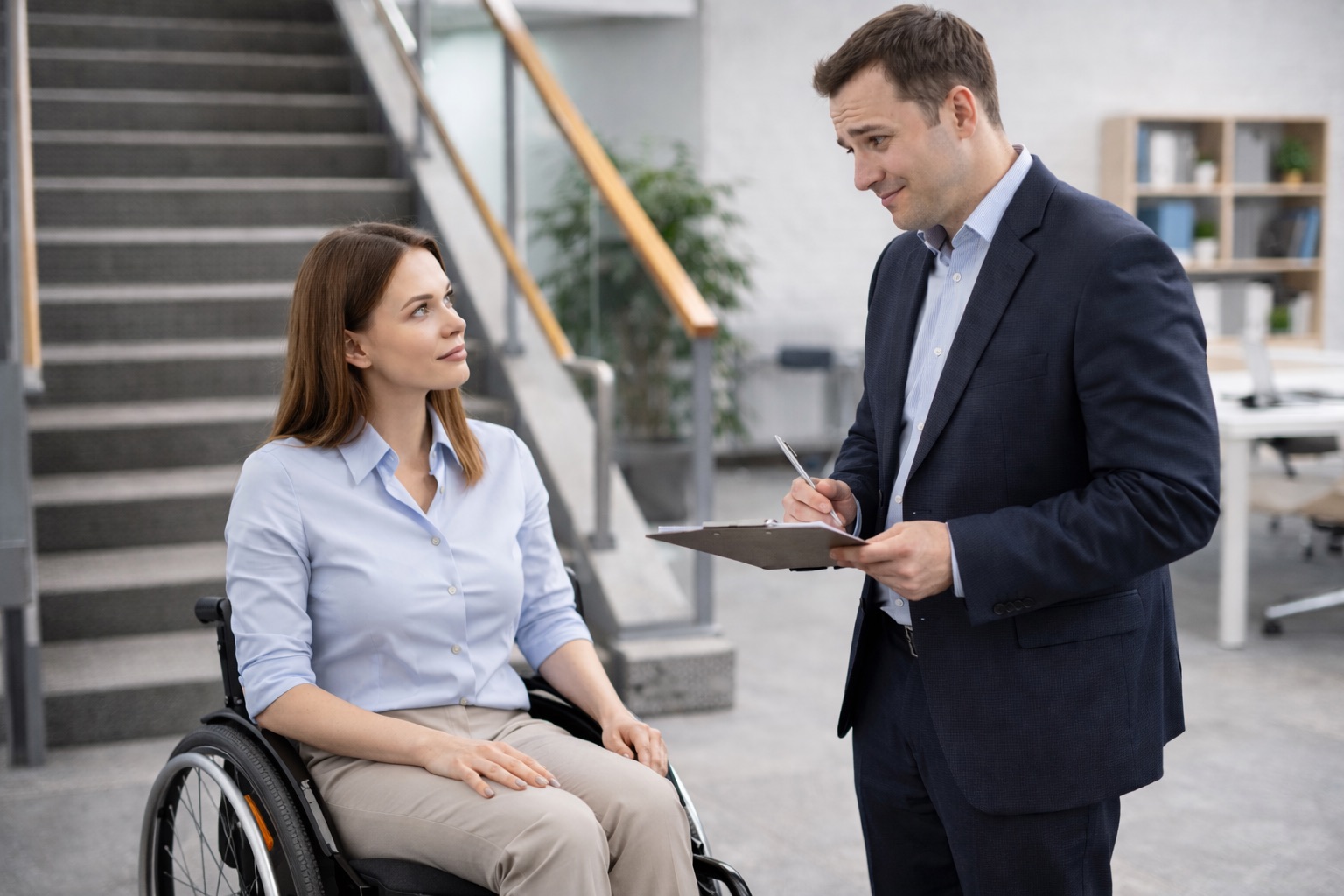 Kobieta siedząca na wózku inwalidzkim rozmawia z mężczyzną stojącym obok niej w nowoczesnym biurze. Mężczyzna trzyma notatnik i długopis. W tle widoczne są schody oraz przestrzeń biurowa.