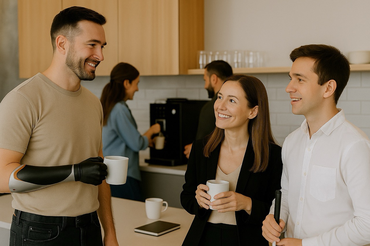 Trzy osoby rozmawiają podczas przerwy na kawę w biurowej kuchni; uśmiechnięty mężczyzna z protezą przedramienia rozmawia z dwojgiem współpracowników, z których jedno trzyma białą laskę.